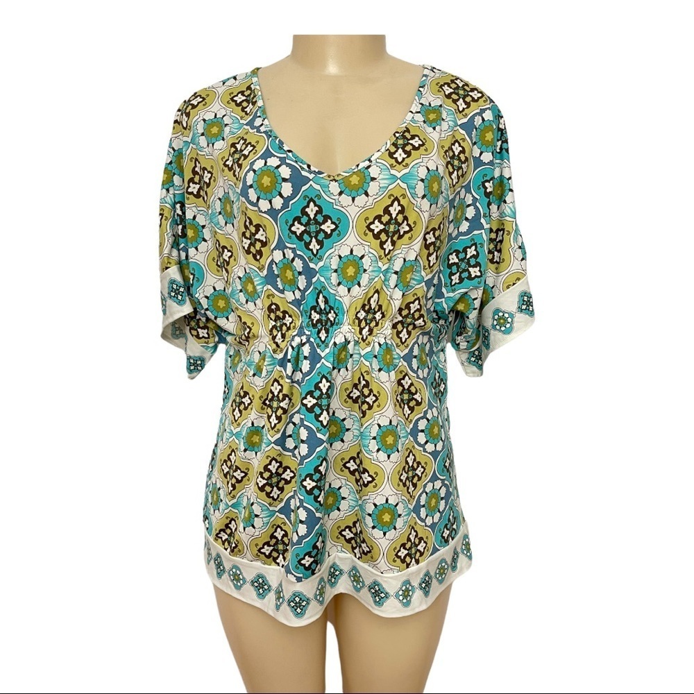 August Silk Blue Spring Summer Floral Bell Kimono Short Sleeve Blouse Top Retro